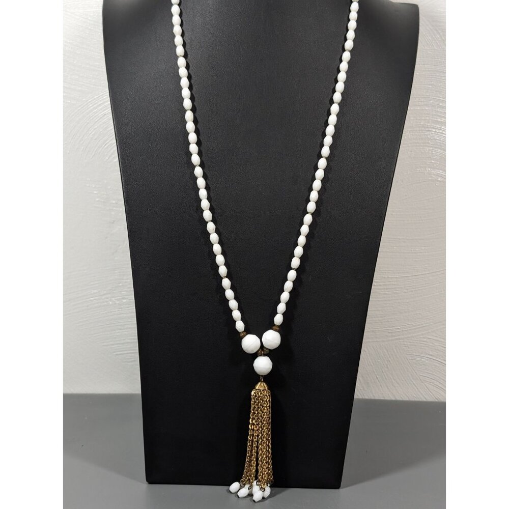 Vintage White Glass Bead Tassel Necklace Long Gold Tone Chain Flapper Style 28"